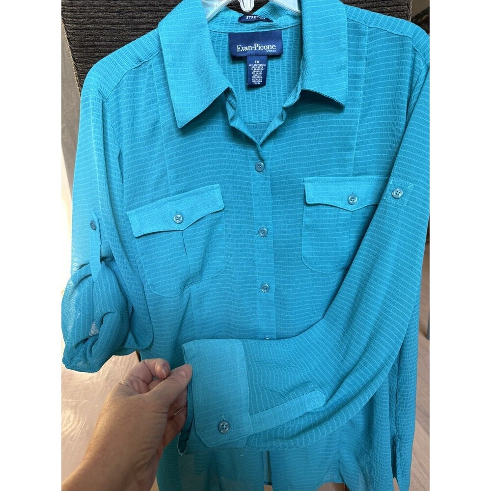 Evan‎ Picone Blouse Women’s Plus Size 1X Button Turquoise Sheer Roll-tab Sleeves
